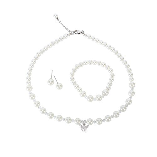 LEILE Faux Pearl Necklace Set for Women, Bracelet Earrings | Butterfly Pendant Design/Crystal/Rhinestone Daily Elegant Outfit, Gift - style: White, 14.5 in