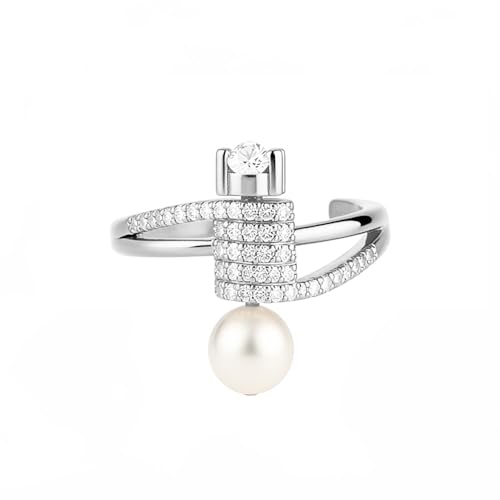 Dtja Shell Pearl CZ Barbell Statement Adjustable Ring for Women 14K Gold Plated Crystal Artificial Pearls Expandable Open Wrap Finger Rings Fashion Wedding Promise Engagement Jewely Gift
