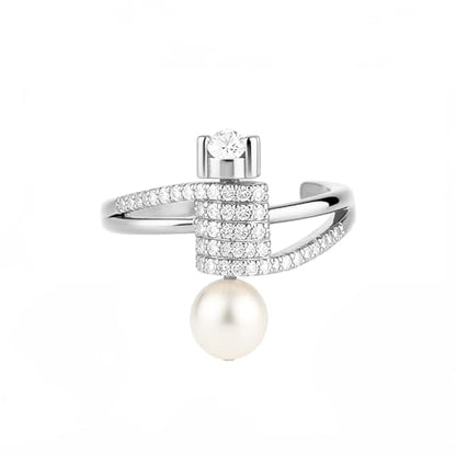 Dtja Shell Pearl CZ Barbell Statement Adjustable Ring for Women 14K Gold Plated Crystal Artificial Pearls Expandable Open Wrap Finger Rings Fashion Wedding Promise Engagement Jewely Gift