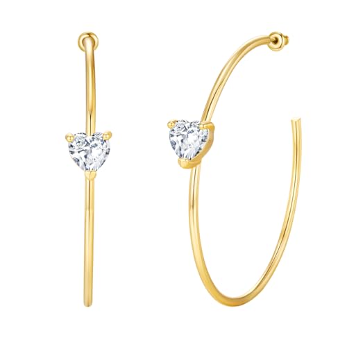 Large Gold Hoop Earrings for Women 14k Gold Plated with 925 Sterling Silver Post Big Open Hoops Earrings Trendy Cubic Zirconia Heart Hoop Earrings Jewelry Gifts for Women - color: gold 40mm