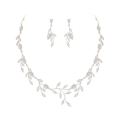 Cubic Zirconia Leaf Vine Wedding Jewelry Set for Bride Women Bridesmaid | Pear-Shaped Birthstone, Necklace Dangle Earrings for Bridesmaid, Silver-Plated-Brass - color: 2pcs_Clear Gold-Plated-Brass