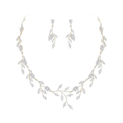 Cubic Zirconia Leaf Vine Wedding Jewelry Set for Bride Women Bridesmaid | Pear-Shaped Birthstone, Necklace Dangle Earrings for Bridesmaid, Silver-Plated-Brass - color: 2pcs_Clear Gold-Plated-Brass