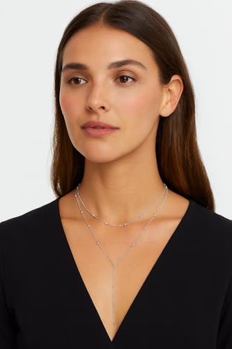 14K Gold Plated Y Necklace for Women – Dainty Lariat Long Pendant Chain, Layered Drop Necklace for V Neck Dress, Simple Sexy Cleavage Jewelry Gifts for Women - color: Silver - Double Layer - Bead
