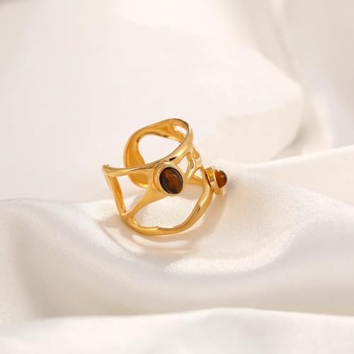 Western Captivating Tiger's Eye Stone Ring,Solitaire 8 * 10mm Oval Cut Gemstone 18K Gold Plated Stack 13mm Wide Ribbed Texture Band Statement Ring for Women - style: Tiger's Eye C