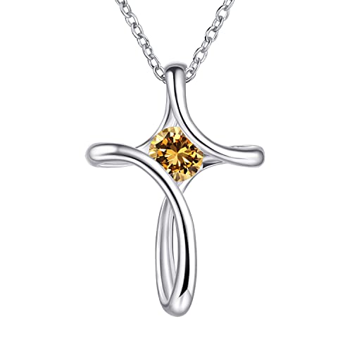 Cross Necklace for Women 925 Sterling Silver Birthstone Necklace for Women | Silver Necklaces with Diamond Sideways Birthstone Jewelry Gifts for Women 45+3cm Adjustable Chain - color: 11-Nov-Topaz
