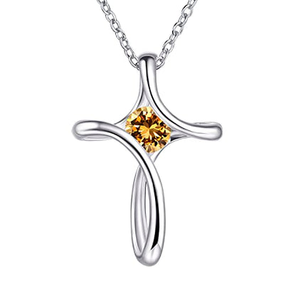 Cross Necklace for Women 925 Sterling Silver Birthstone Necklace for Women | Silver Necklaces with Diamond Sideways Birthstone Jewelry Gifts for Women 45+3cm Adjustable Chain - color: 11-Nov-Topaz