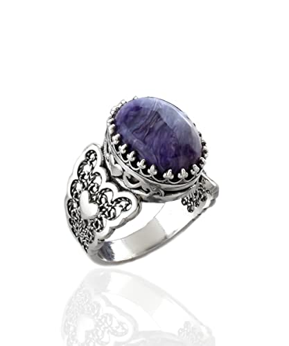 Filigranist 925 Sterling Silver Handcrafted Filigre Art Double Heart Detailed Women Cocktail Ring with Gemstones - color: Charoite