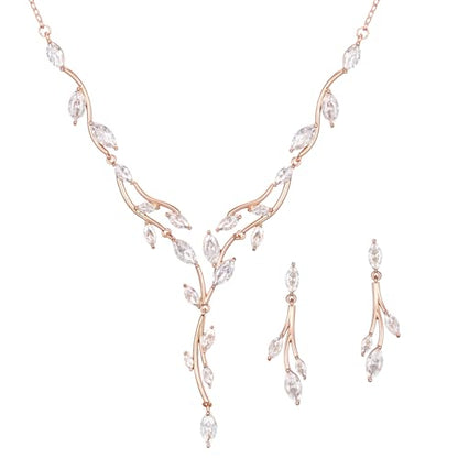 SWEETV Jewelry Set for Women, Cubic Zirconia Marquise Vine Cluster Bridal Earrings and Necklace Set, Bridal Jewelry Set for Wedding Prom - color: 02. Rose Gold