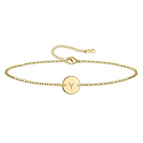 Ovian Initial Charm Bracelet for Women 18K Gold Plated stainless steel Coin Disc Engraved Letter Bracelet Personalized Monogram Name Bracelet - color: Y