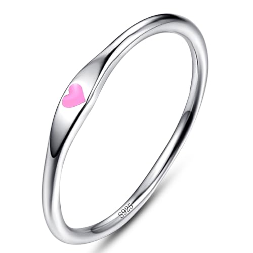 AVECON S925 Sterling Silver Thin Carve Heart Ring for Women Men, Love Style | Hypoallergenic Promise Wedding Band for Her, Stackable Jewelry Gifts for Anniversary Valentine's Day, Accurate Size 5-10 - color: G-Silver-Pink