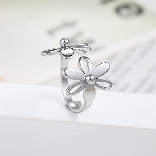 Asymmetric Sunflower Stainless Steel Wrap Open Rings for Women Cute Daisy Flowers Adjustable Statement Promise Engagement Finger Knuckle Rings Fashion Dainty Expandable Rings Christmas Thanksgiving Day Gifts - color: Silver