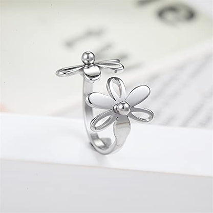 Asymmetric Sunflower Stainless Steel Wrap Open Rings for Women Cute Daisy Flowers Adjustable Statement Promise Engagement Finger Knuckle Rings Fashion Dainty Expandable Rings Christmas Thanksgiving Day Gifts - color: Silver