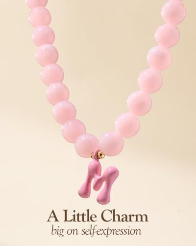 DoDoBeads Chunky Colorful Beaded Initial Necklace, Bubble Letter Choker | Gift box and dust pouch included; waterproof and sweat-resistant with real gold plated stainless steel hardware - color: Pink-M