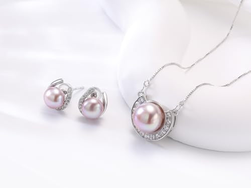 YAMI Pearl Jewelry Set for Women, Natural Cultured Pearl Necklace&Earrings | 11-12mm Pearl, 925 Sterling Silver with 5A Cubic Zirconia, Wedding Jewelry Sets, Valentine's Day/Mother's Day/Christmas Gift - color: Pink