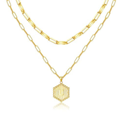 Layered Initial Necklace for Women | Gold Plated Paperclip Chain with Sunburst Hexagon Letter Pendant | Double Layer Alphabet Necklace | Personalized Minimalist Jewelry Gift - color: U