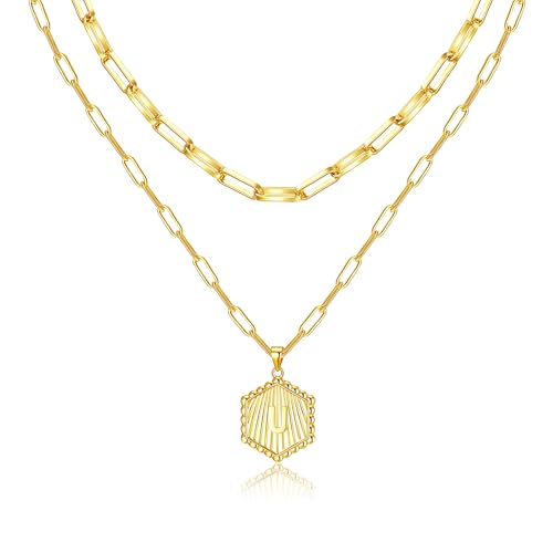 Layered Initial Necklace for Women | Gold Plated Paperclip Chain with Sunburst Hexagon Letter Pendant | Double Layer Alphabet Necklace | Personalized Minimalist Jewelry Gift - color: U