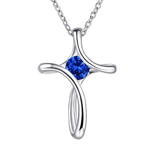 Cross Necklace for Women 925 Sterling Silver Birthstone Necklace for Women | Silver Necklaces with Diamond Sideways Birthstone Jewelry Gifts for Women 45+3cm Adjustable Chain - color: 09-Sep-Sapphire