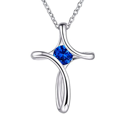Cross Necklace for Women 925 Sterling Silver Birthstone Necklace for Women | Silver Necklaces with Diamond Sideways Birthstone Jewelry Gifts for Women 45+3cm Adjustable Chain - color: 09-Sep-Sapphire