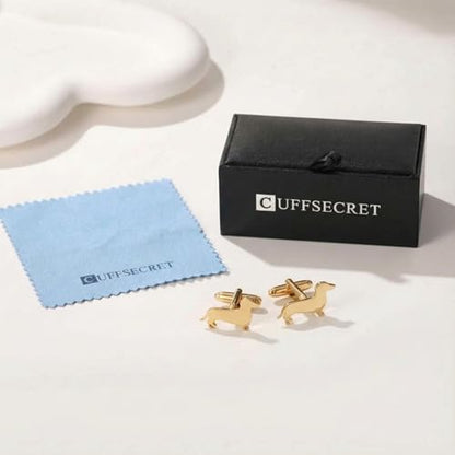 Men’s Dachshund Cufflinks – Stainless Steel Dog-Themed Cuff Links with Gift Box & Polishing Cloth – Available in Silver & Gold - color: golden