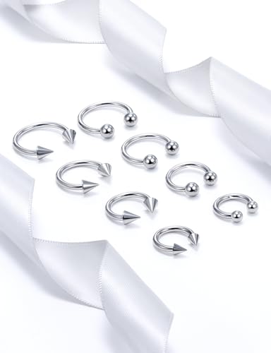20G 18G 16G 14G 12G ASTM F136 Titanium Horseshoe Septum Nose Ring Piercing Jewelry Circular Barbell Helix Snug Tragus Rook Daith Cartilage Earring Lip Ring Hoop Piercing Jewelry for Women Men - style: 12G, 10mm 12mm 14mm 16mm Length, Ball+Spike
