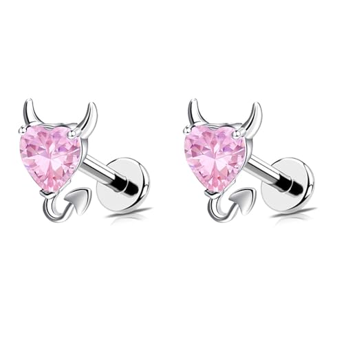 18G Little Devil Heart Lip Ring Stainless Steel Cubic Zirconia Labret Jewelry for Monroe Medusa Tragus Nose Conch Helix Hypoallergenic Cartilage Earring Stud Bar Body Jewelry for Women - color: Pink