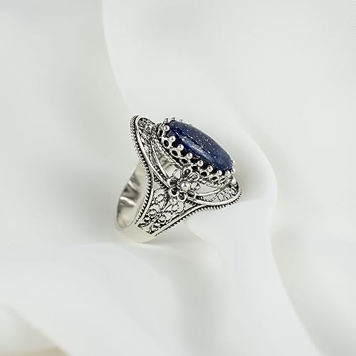 Filigranist 925 Sterling Silver Handcrafted Filigree Art Flower Pattern Woman Oval Statement Ring, Gift Boxed - color: Lapis Lazuli