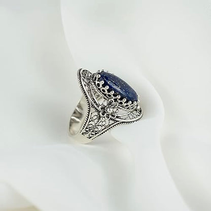 Filigranist 925 Sterling Silver Handcrafted Filigree Art Flower Pattern Woman Oval Statement Ring, Gift Boxed - color: Lapis Lazuli