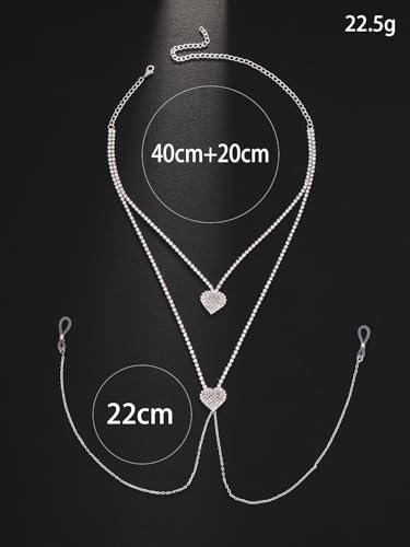 Rhinestone Heart Body Chain Sparkling CZ Paved Heart Choker Nipple Noose Body Chains Sexy Non Piercing Fake Nipple Rings Bra Chest Chains Summer Beach Bikini Nightclub Body Jewelry