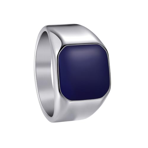 PAURO Unisex Stainless Steel Minimalist Square Enamel Signet Ring Plated Glossy Wedding Band - color: Silver Blue