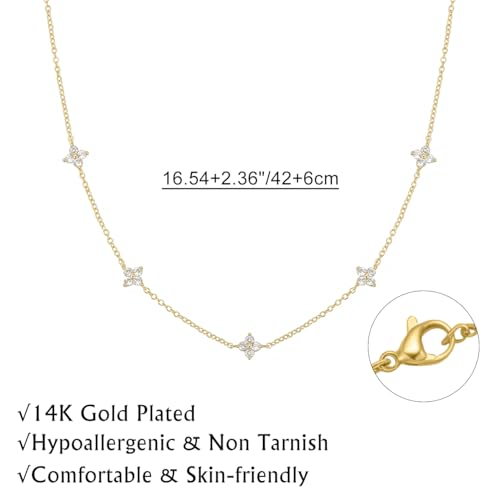 Yowivon Layered Gold Necklaces for Women, Dainty 14K Gold Plated Pendant Necklace, Non Tarnish Cubic Zirconia Stack Choker Necklace, Adjustable Hypoallergenic Trendy Jewelry Gift for Her - style: Gold-Four-Leaf Flowers