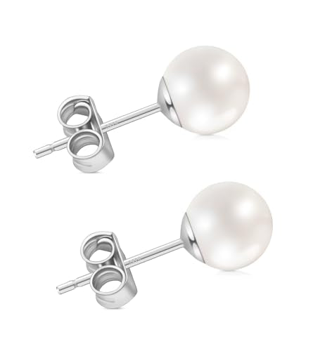Pearl Earrings for Women, Hypoallergenic 925 Silver Post Studs | Shell Pearl Stud Earrings, Nickel-Free, 18K Yellow-Gold Plated Sterling Silver for Birthday Anniversary Wedding Daily Wear - color: Silver, size: 6mm