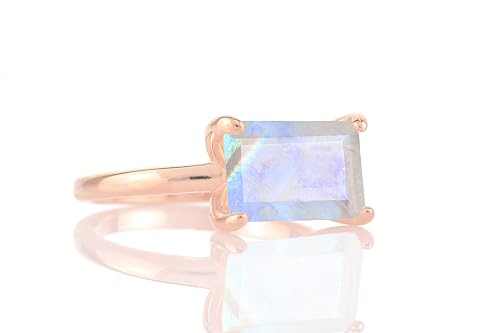 Emerald Cut Moonstone Ring - Rainbow Moonstone Solitaire - Sterling Silver June Birthstone - Minimalist Rectangle Gemstone Ring