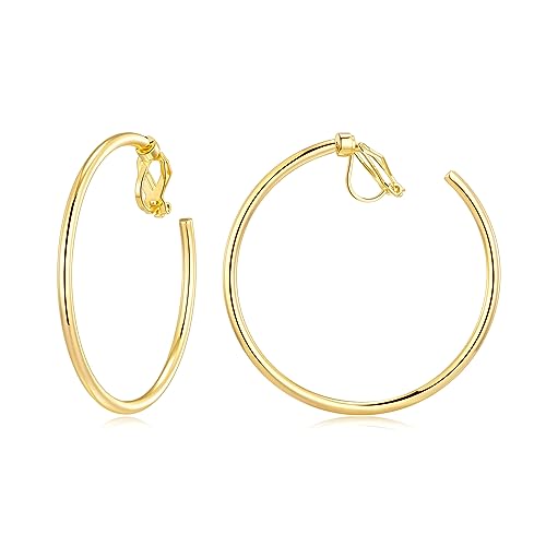 YOQUCOL 5CM(2.0IN) Golden Swingable Clip On Hoop Earrings for Women Non Pierced Ears Hoop Earrings - color: A