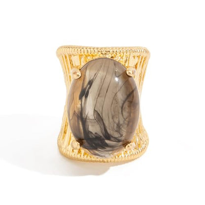 Geometric Open Ring, Adjustable Statement Rings with Non-Fading Hand-Marbled Resin Wide Band, Metallic Stripe Accent Finger - color: black gray