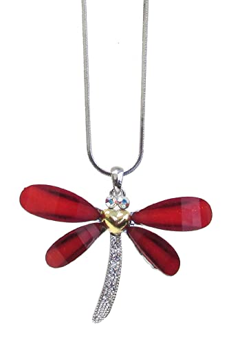 Fashion Jewelry ~ Dragonfly Pendant Necklace Red Clear Silvertone