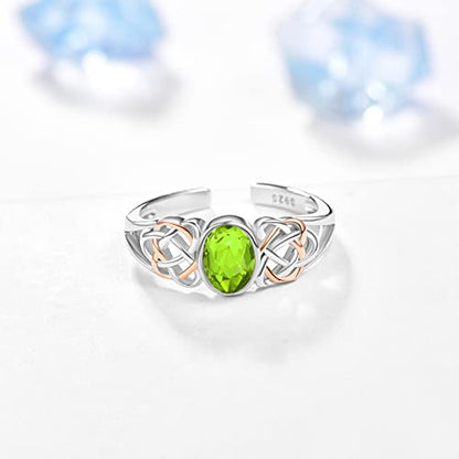 PRAYMOS 925 Sterling Silver Ring Birthstone Ring Turquoise Moss White Opal Ring for Women Celtic Knot Open Adjustable Thrumb Ring - color: Green Peridot