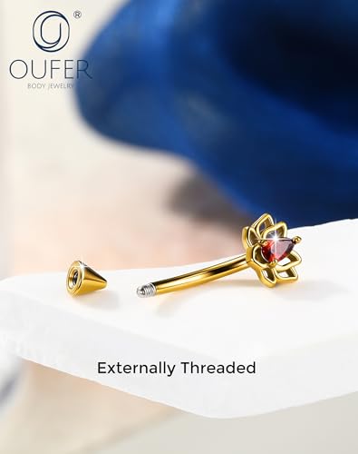 OUFER 16G Rook Piercing Jewelry, Lotus Eyebrow Earrings, 316L Surgical Steel Rook Earrings, Curved Barbell Lip Rings, Helix Cartilage Piercing Jewelry for Women - color: Gold, Red CZ