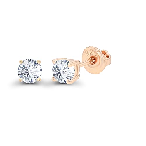 14K Gold Plated 925 Sterling Silver Hypoallergenic 4mm Round Genuine Birthstone Solitaire Screwback Stud Earrings - color: White Sapphire Created