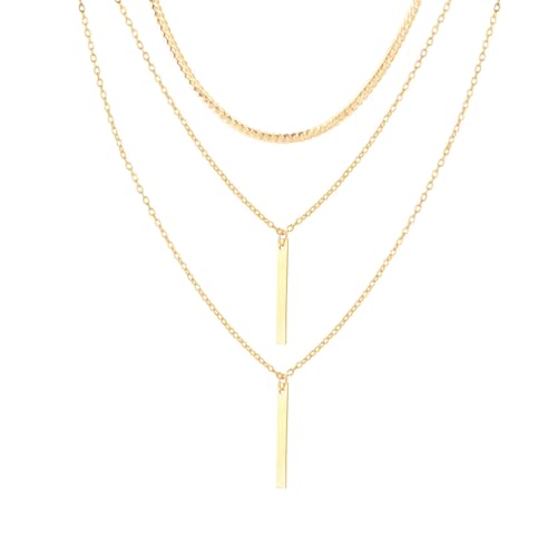 Layered Vertical Bar Choker Necklace for Women Men Gold Silver Plated Dainty Simple Multilayer Thin Flat Stick Geometric Adjustable Long Chain Necklace for Minimalist Birthday Holiday Fashion Jewelry