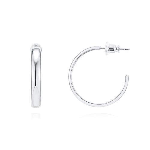 PAVOI 14K Gold Plated Wide Flat Edge Hoop Earrings for Women | Rose, White and Yellow Gold Hoops | Hypoallergenic Jewelry - color: White Gold, size: 25 Millimeters