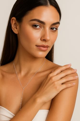 14K Gold Plated Y Necklace for Women – Dainty Lariat Long Pendant Chain, Layered Drop Necklace for V Neck Dress, Simple Sexy Cleavage Jewelry Gifts for Women - color: Silver - Single Layer - Bead