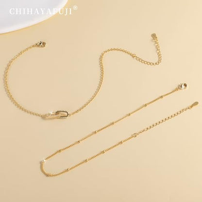Sterling Silver Ankle Bracelets for Women 14k Gold Plated Waterproof Layered Stackable Bead Chain Infinity Charm Non Tarnish Large Adjustable Summer Party Beach Jewelry Gift - color: goldB