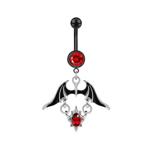 14G Black Bat Crystal Dangle Belly Button Ring for Women 316L Surgical Steel Red Cubic Zirconia Dangling Belly Navel Barbell Rings Halloween Gothic Body Piercing Jewelry