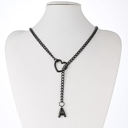 sroyte Black Heart Slip Chain Initial Necklaces for Women,Stainless Steel O-Ring Adjustable Lariat Heart Y-Necklace,Punk Gothic Cuban Collar Choker Necklace for women - color: Black A