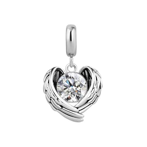 KunBead Guardian Angel Heart Wings Birthstone Dangle Birthday Charms Compatible with Pandora Charm Bracelet for Women - color: White
