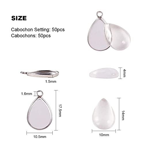 PH PandaHall 100pcs Bezel Pendant Blanks- 50pcs Drop Pendant Trays Photo Charms Cabochons Blanks with 50pcs Glass Cabochons Clear Dome for Wedding Bouquet Graduation Cap Jewelry Making, 0.69x0.4inch - color: Drop - 50 Sets