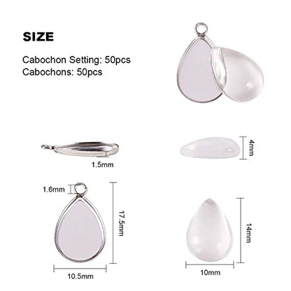 PH PandaHall 100pcs Bezel Pendant Blanks- 50pcs Drop Pendant Trays Photo Charms Cabochons Blanks with 50pcs Glass Cabochons Clear Dome for Wedding Bouquet Graduation Cap Jewelry Making, 0.69x0.4inch - color: Drop - 50 Sets