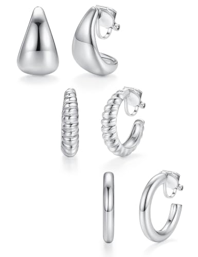 Giovanchi 3Pairs Clip on Earrings for Women with Non-Pierced Ears - Trendy Hypoallergenic 14K Gold Plated Chunky Tube Croissant Waterdrop Clip on Hoop Earrings - style: A-Silver