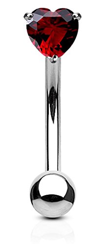 Forbidden Body Jewelry 16g 8mm Surgical Steel 3mm CZ Heart Top Barbell for Daith, Eyebrow and Rook Piercing - color: Red CZ