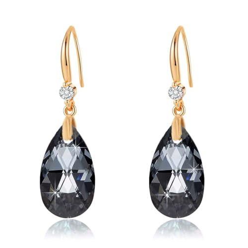 Austrian Crystal Teardrop Dangle Drop Earrings for Women 14K Gold Plated Hook Earring Hypoallergenic Jewelry Gifts for Women Girls - color: Grey-Black